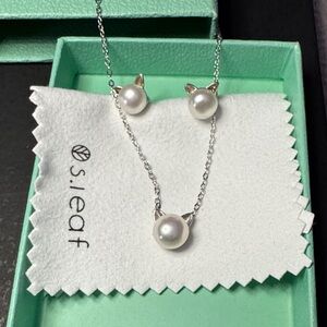 Silver Pearl Cat Earrings and Necklace Set